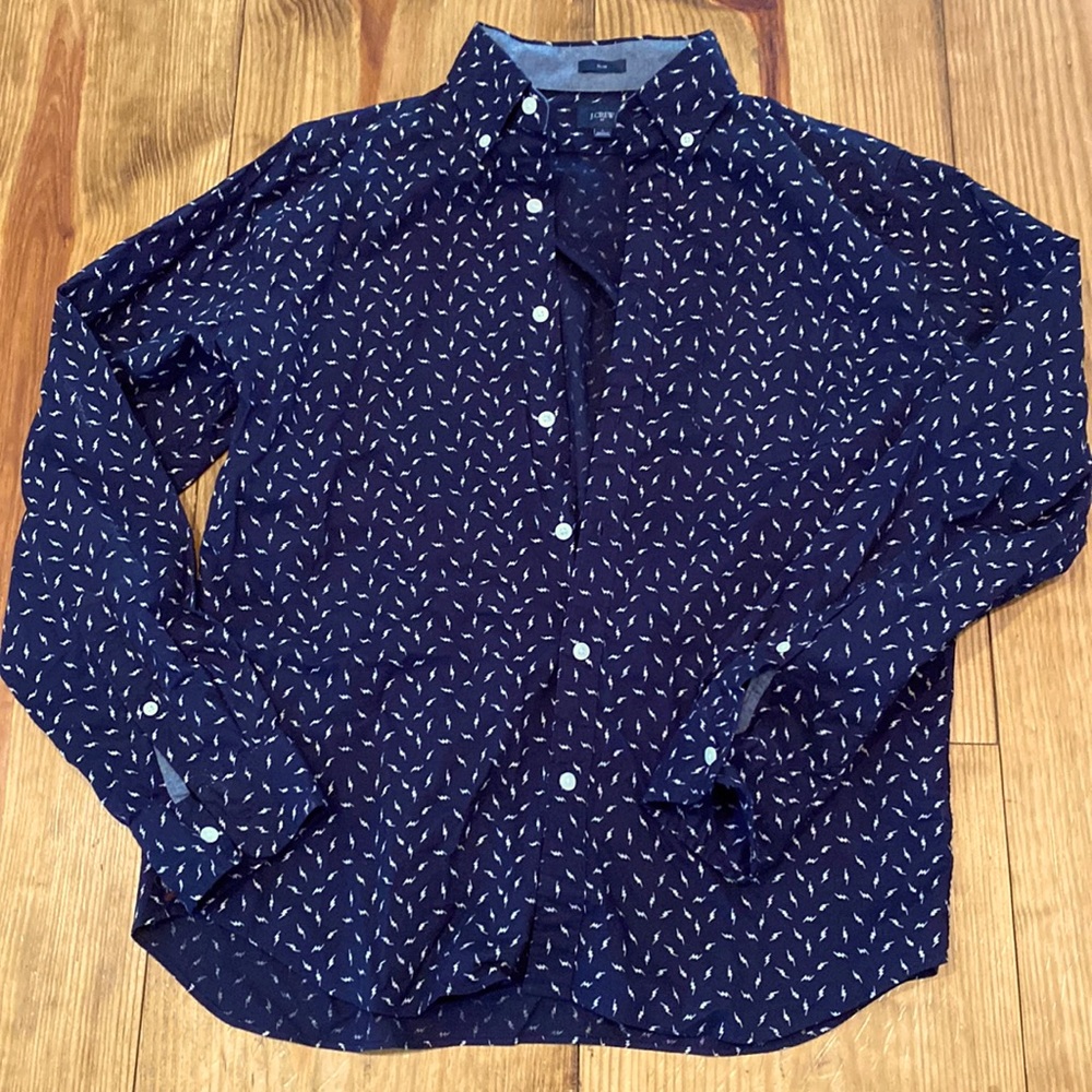 J Crew men’s button down, navy + electric bolts, L slim, 100% cotton, like new